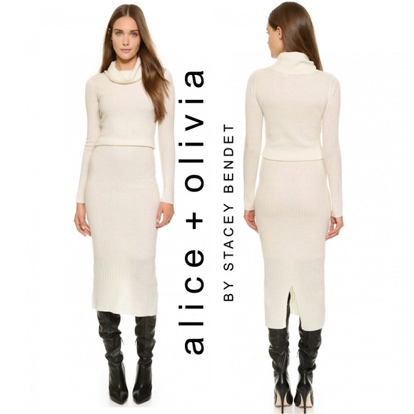 Alice + Olivia Hailee Ribbed Cashmere Turtleneck Midi Long Sleeve Sweater Dress - Picture 1 of 15